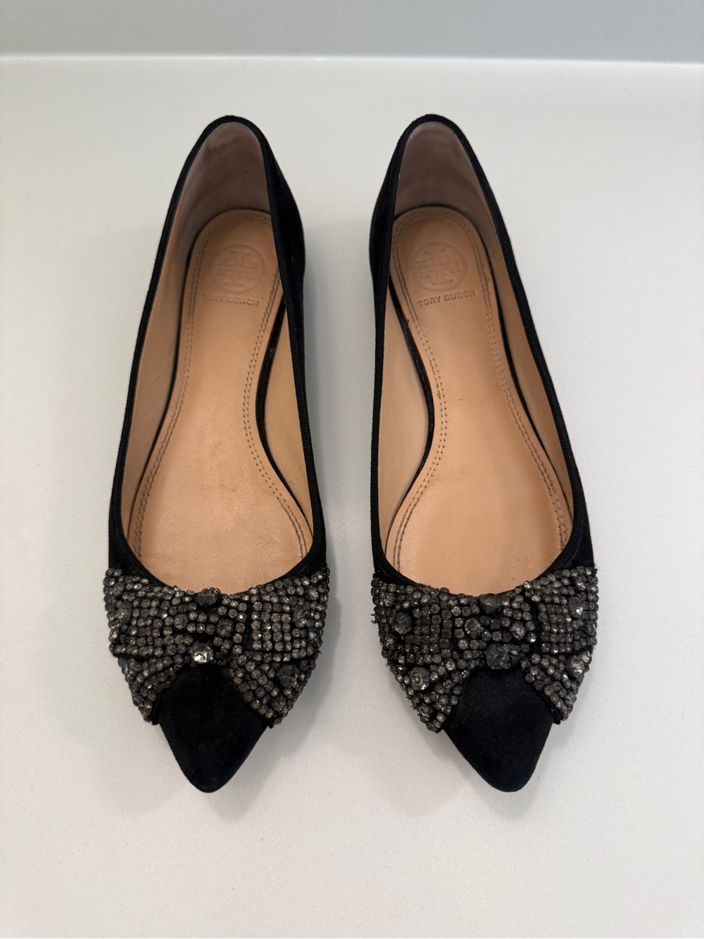 Tory Burch Black Pointed Toe Flats with Crystal Bow